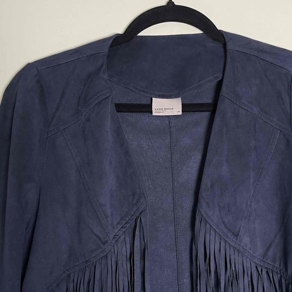 Vero Moda Women's Navy Open Faux Suede Southwestern Fringe Jacket Extra Small - Picture 6 of 11